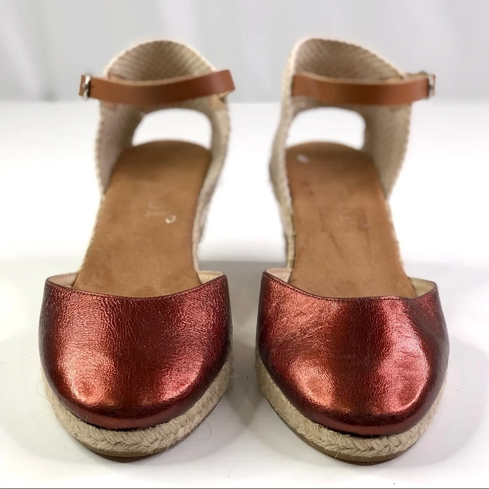 Maypol Anthropologie wedge espadrilles metallic red leather toe woven heel 39